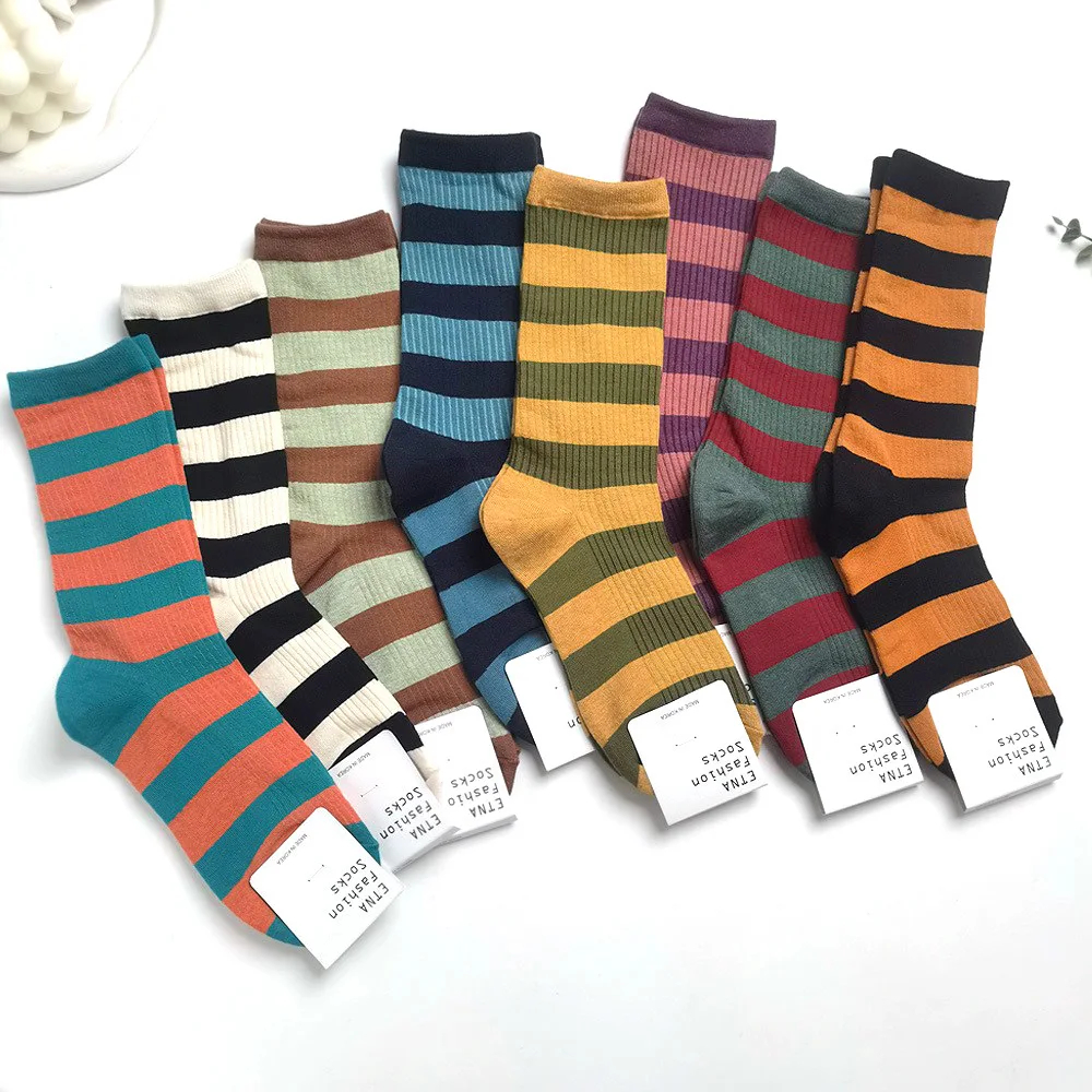 Colorful striped socks with labels on a white background