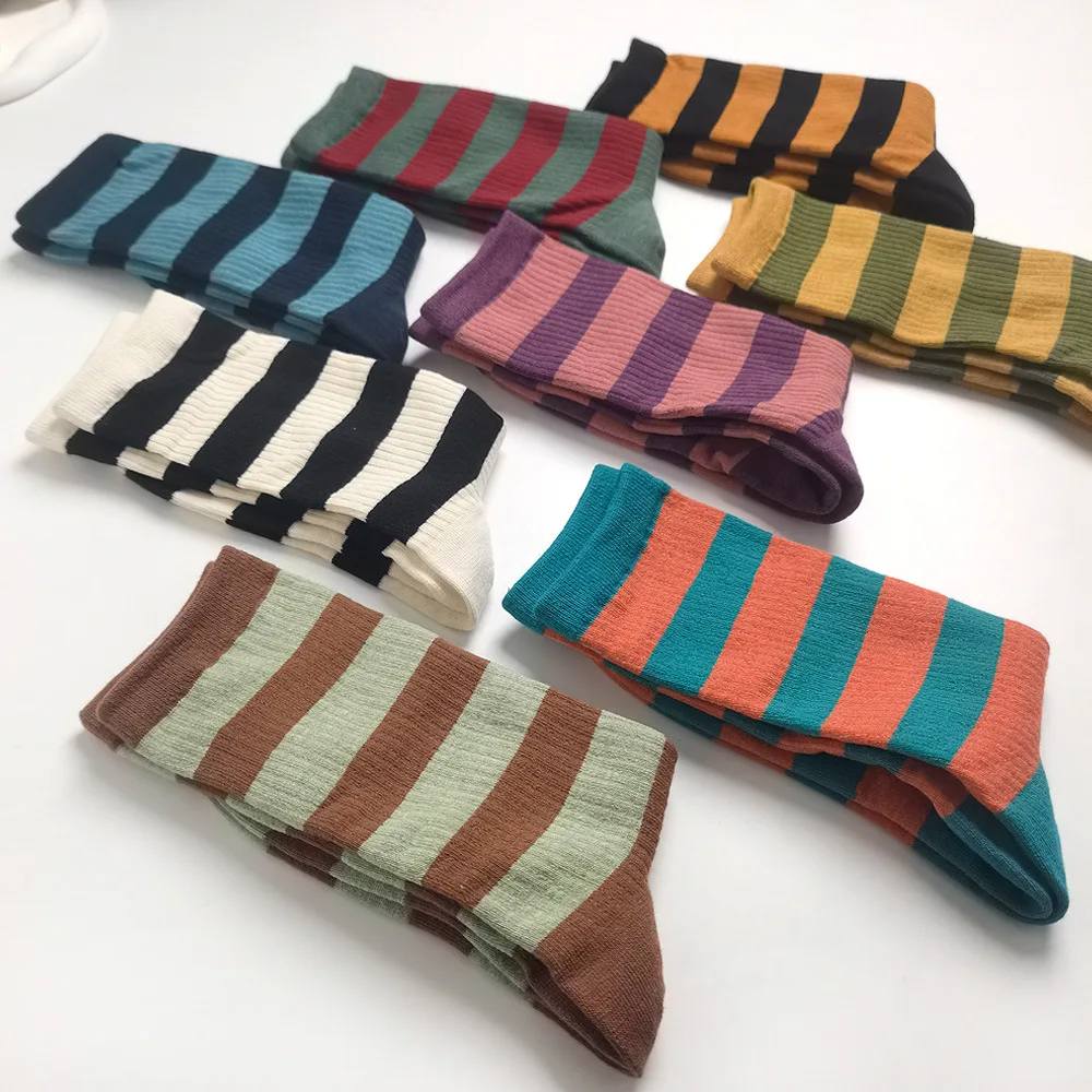 Colorful striped socks arranged on a white surface