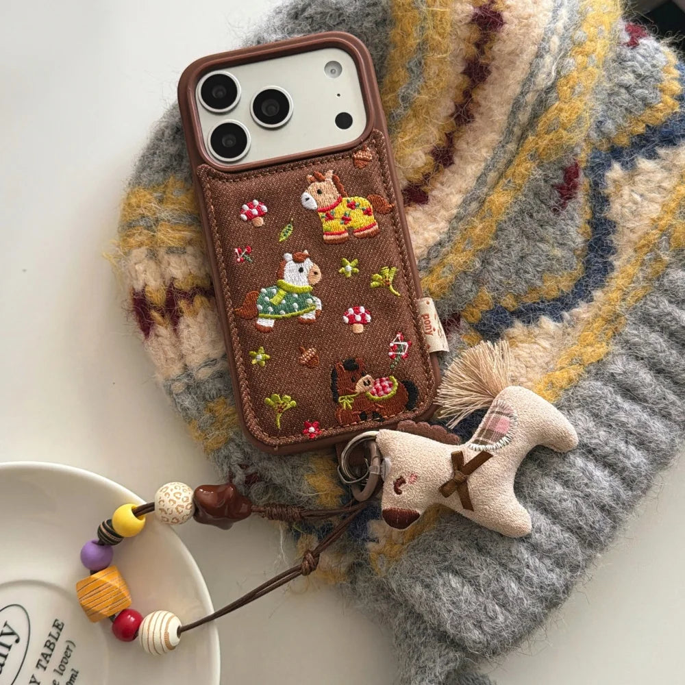 Cute fashion embroidered three ponies phone case for iPhone 17 16 ProMax 14 15 Pro fundas simple new shockproof protective case - Ice Cream Cake
