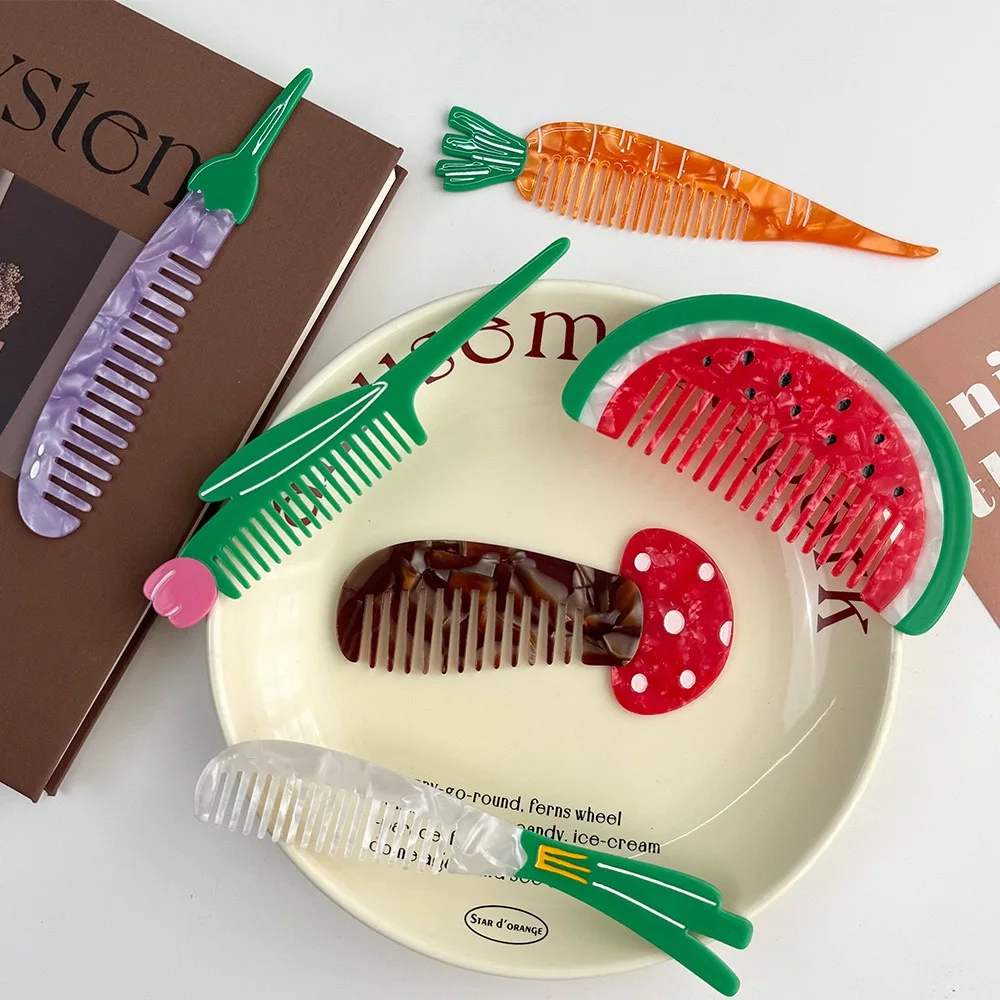 Colorful comb set on a white surface with books in the background