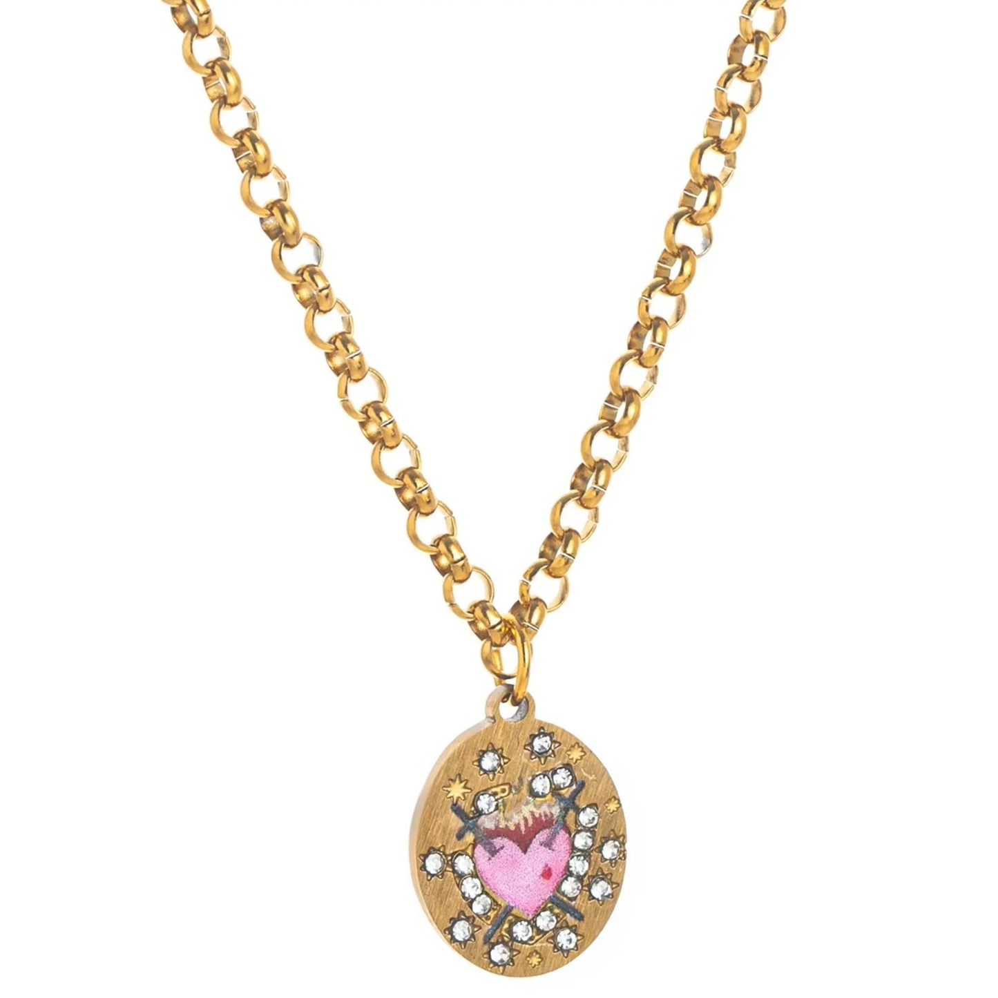 Gold necklace with a heart-shaped pendant on a white background