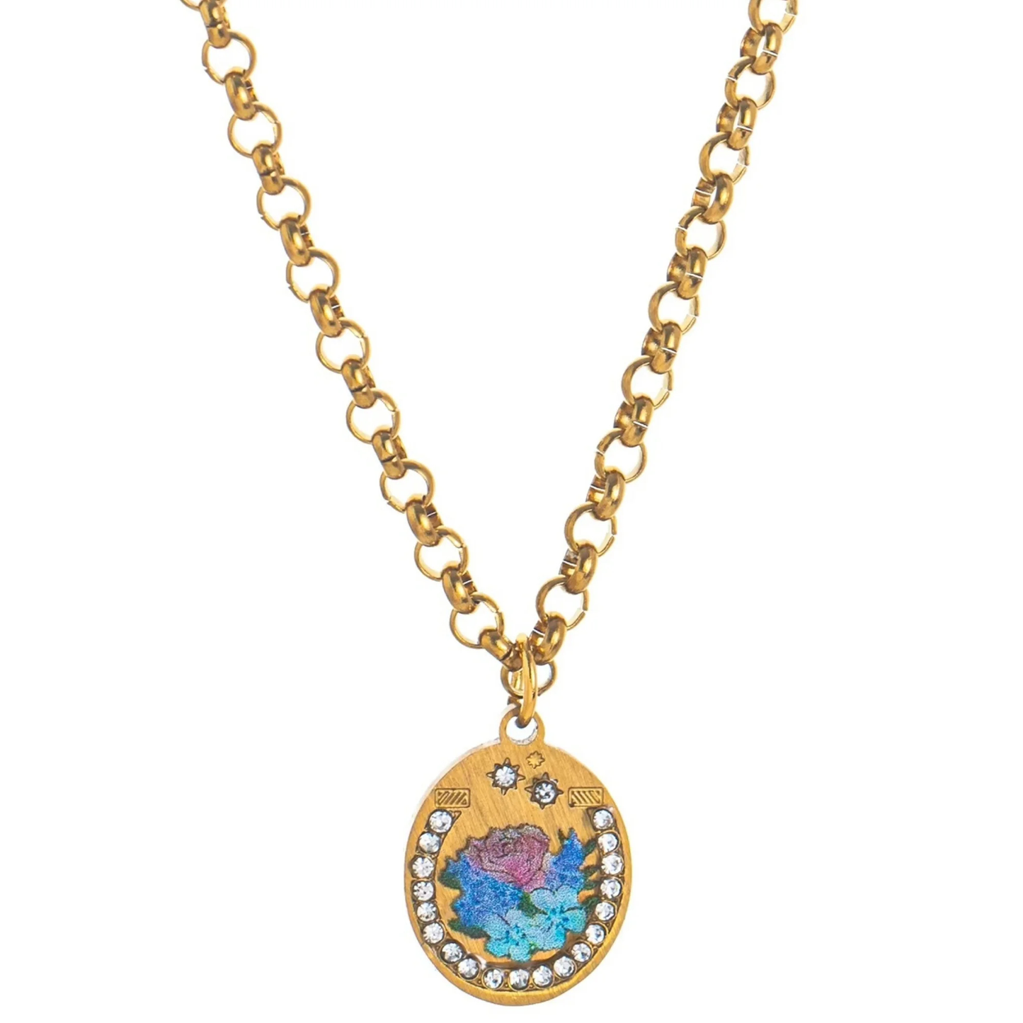 Gold necklace with a decorative pendant featuring a rose design on a white background