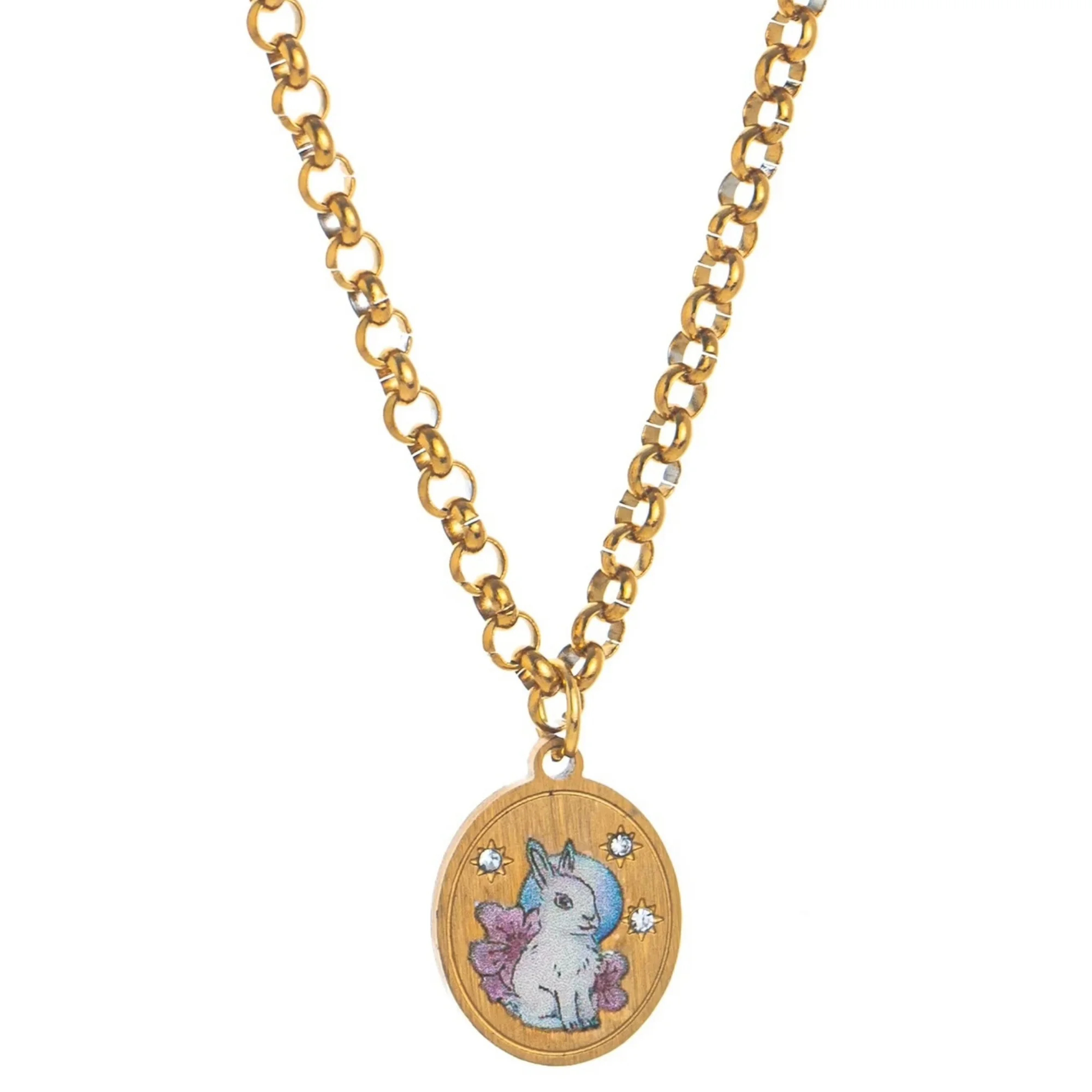 Gold necklace with a bunny pendant on a white background