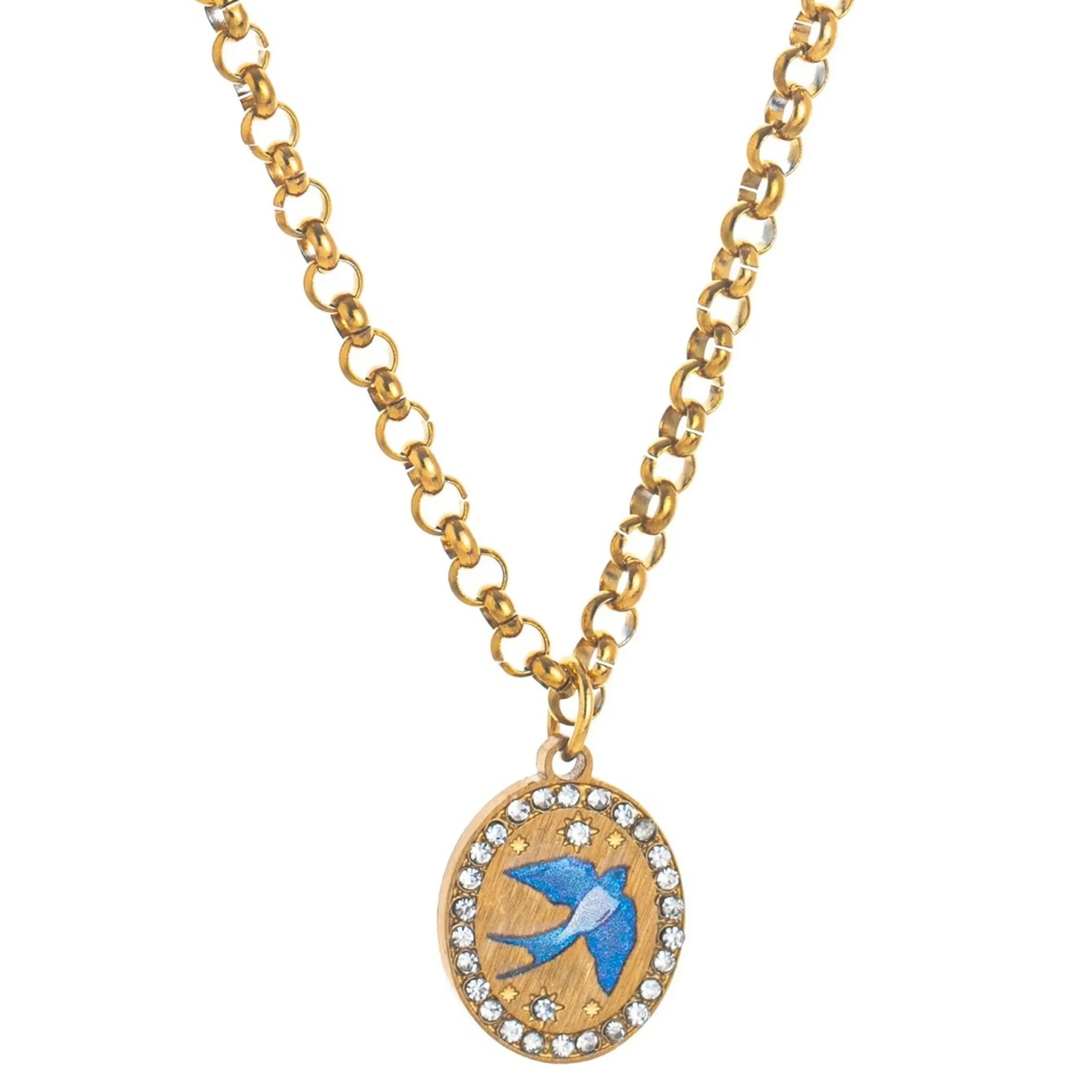 Gold necklace with a blue bird pendant on a white background