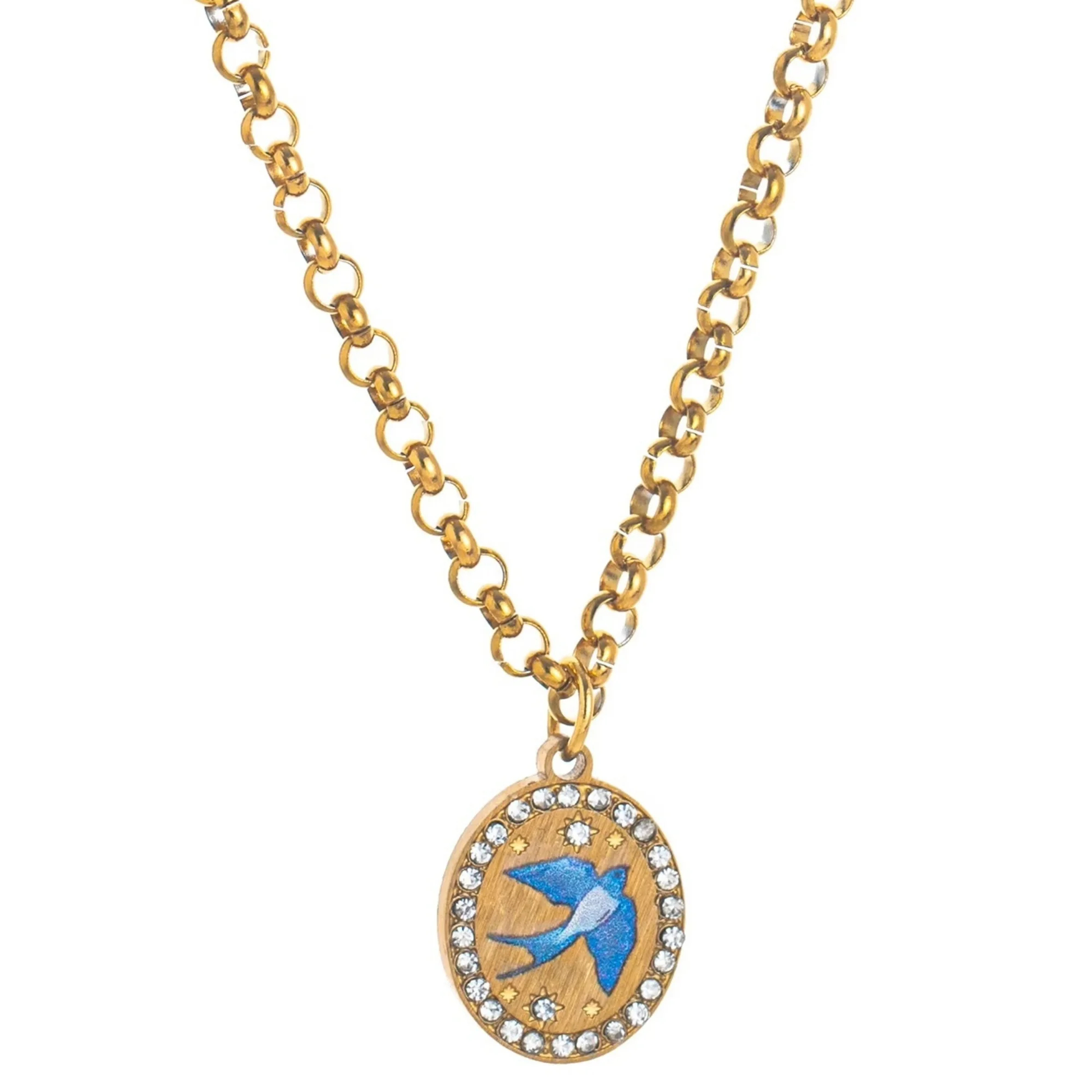 Gold necklace with a blue bird pendant on a white background