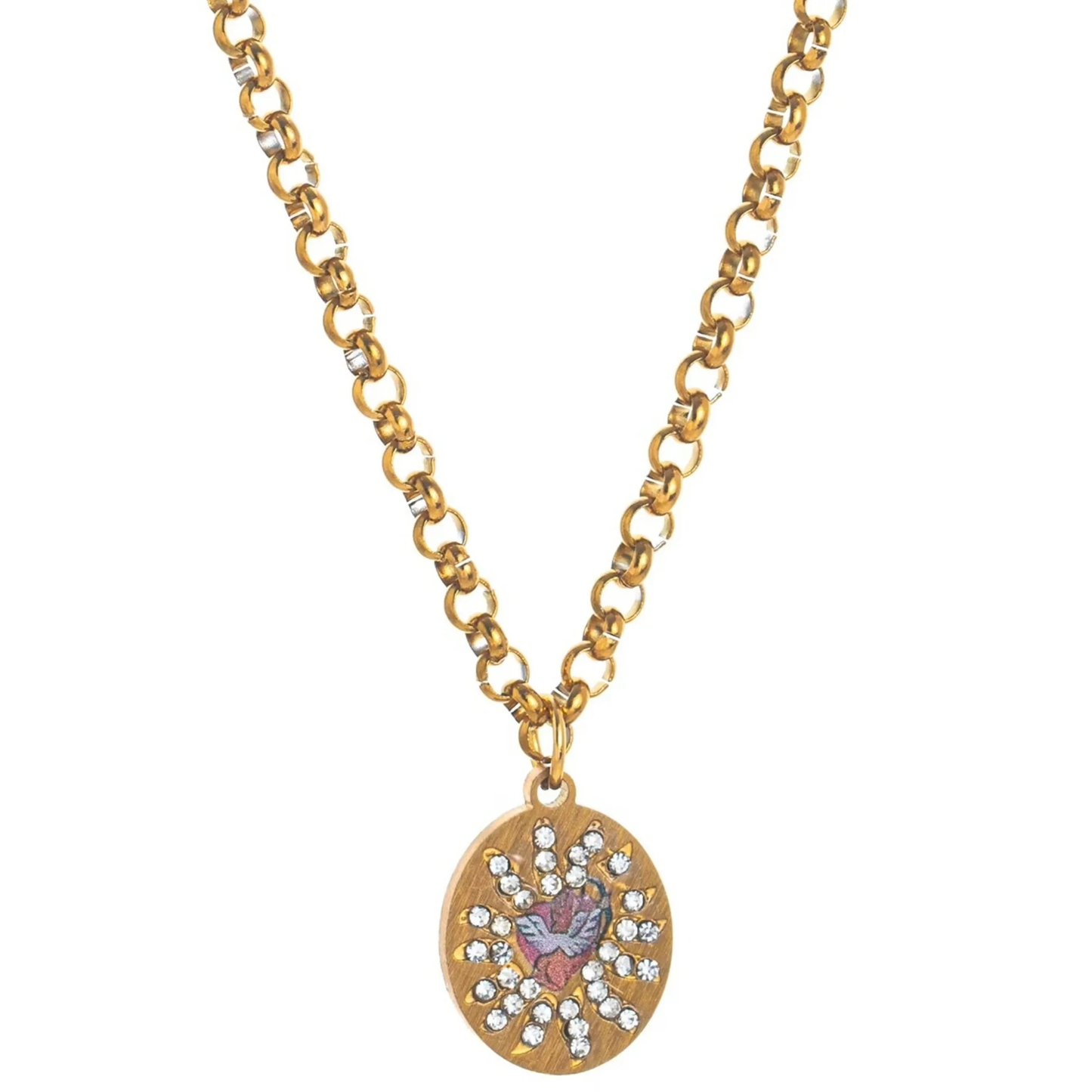 Gold necklace with a circular pendant featuring a colorful design on a white background