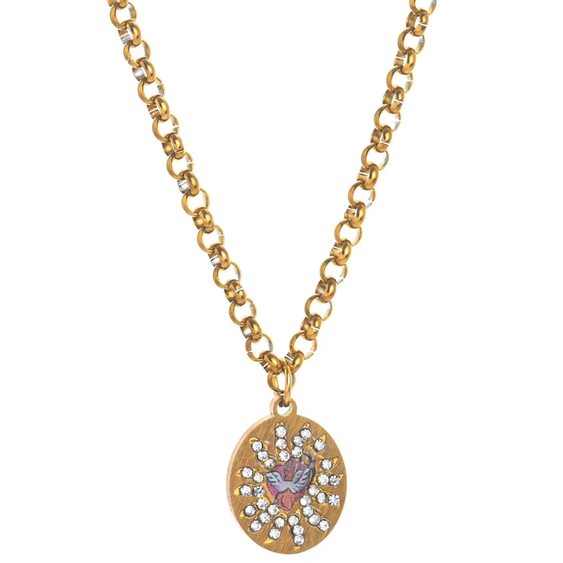Gold necklace with a circular pendant featuring a colorful design on a white background