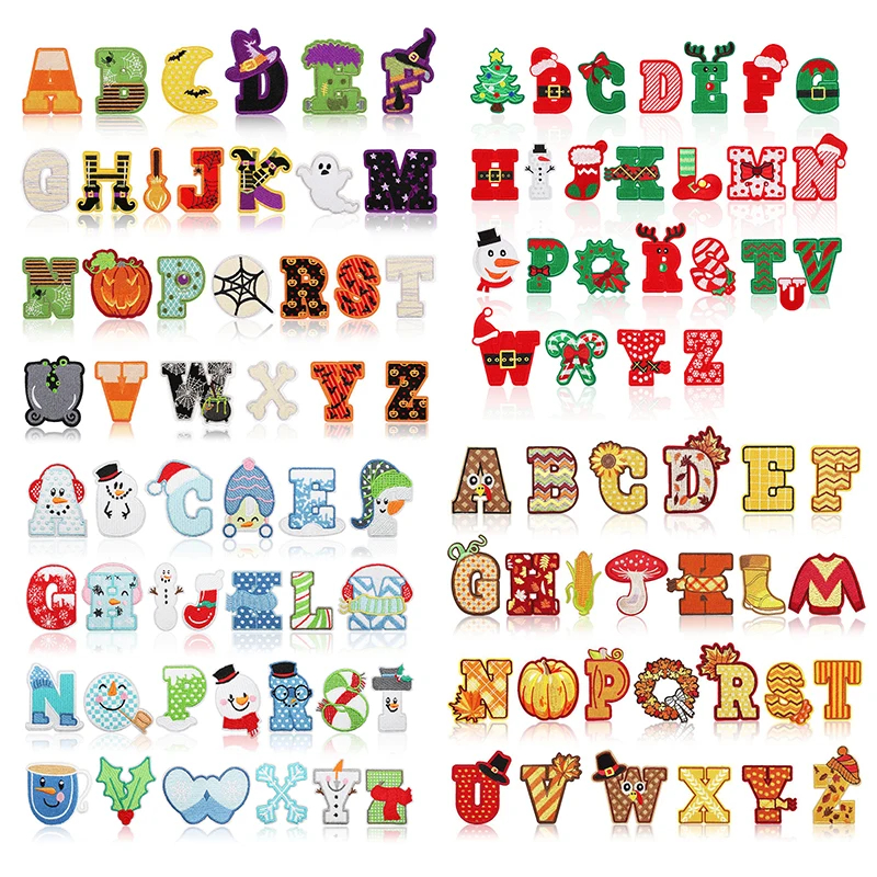 Colorful alphabet letters with various designs on a white background