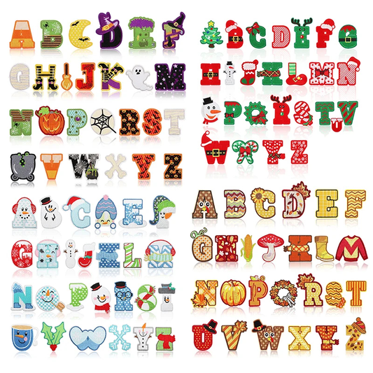 Colorful alphabet letters with various designs on a white background