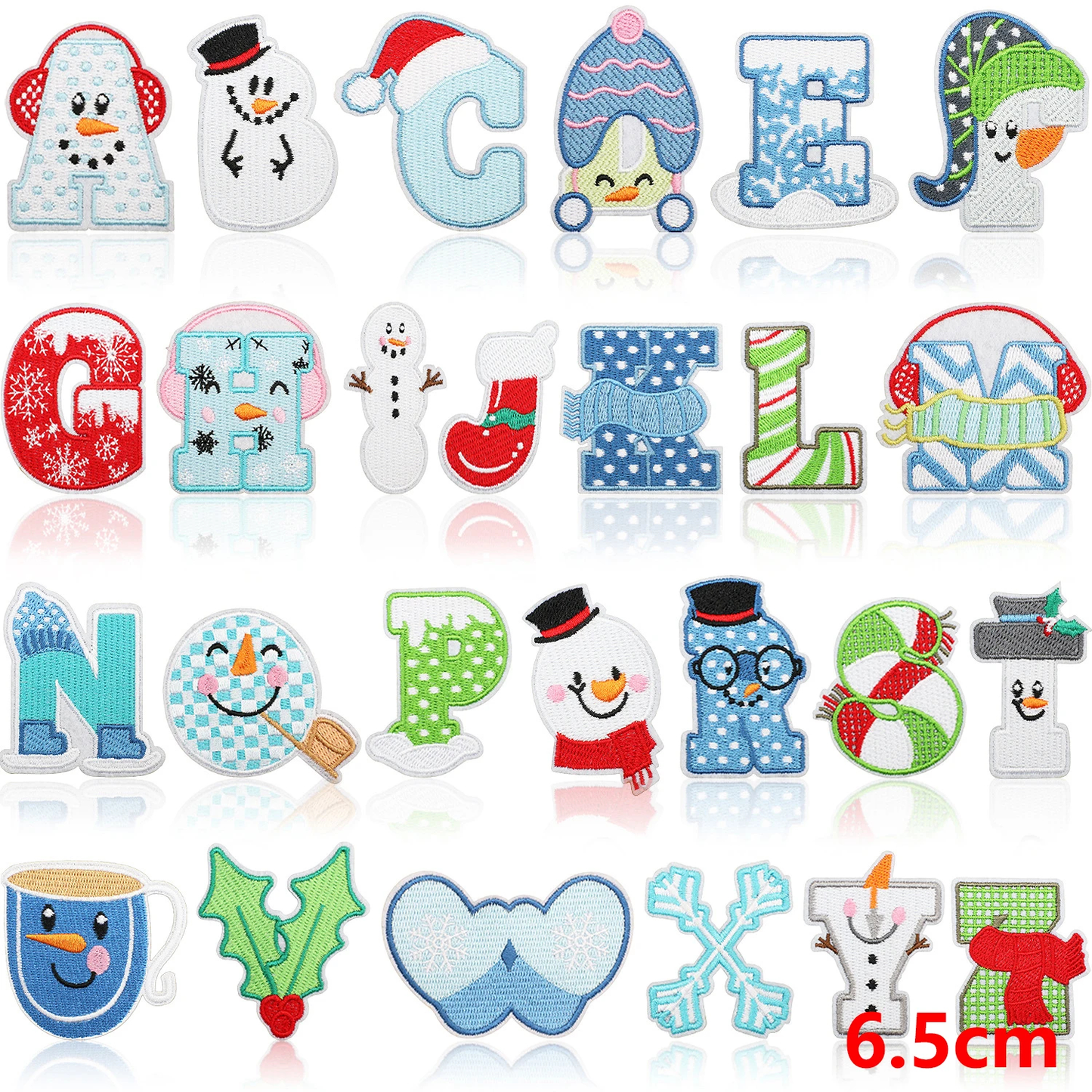 Set of Christmas-themed letter patches on a white background