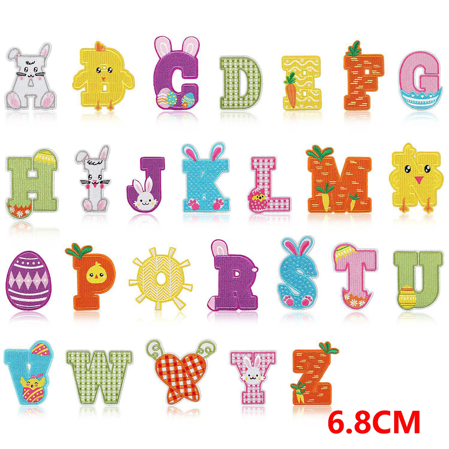 Colorful alphabet letters with animal and object designs on a white background