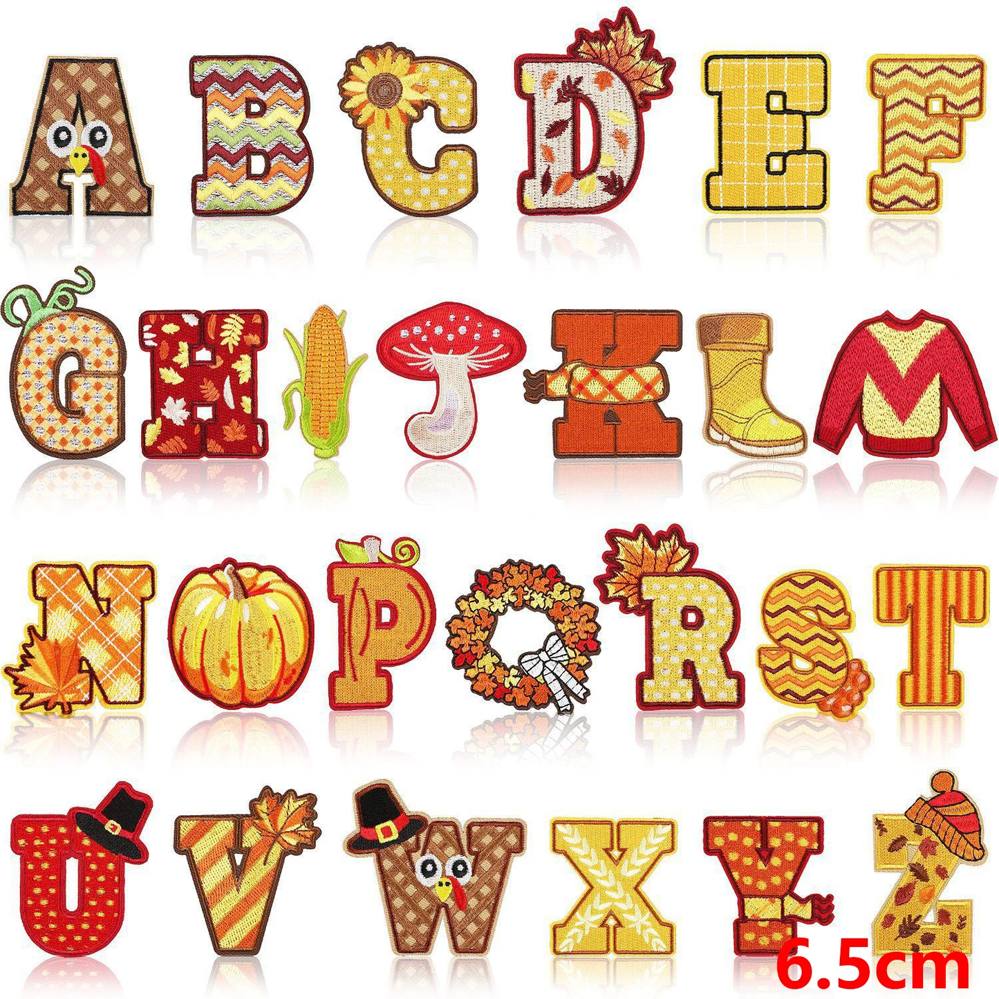 Colorful alphabet letters with autumn-themed designs on a white background