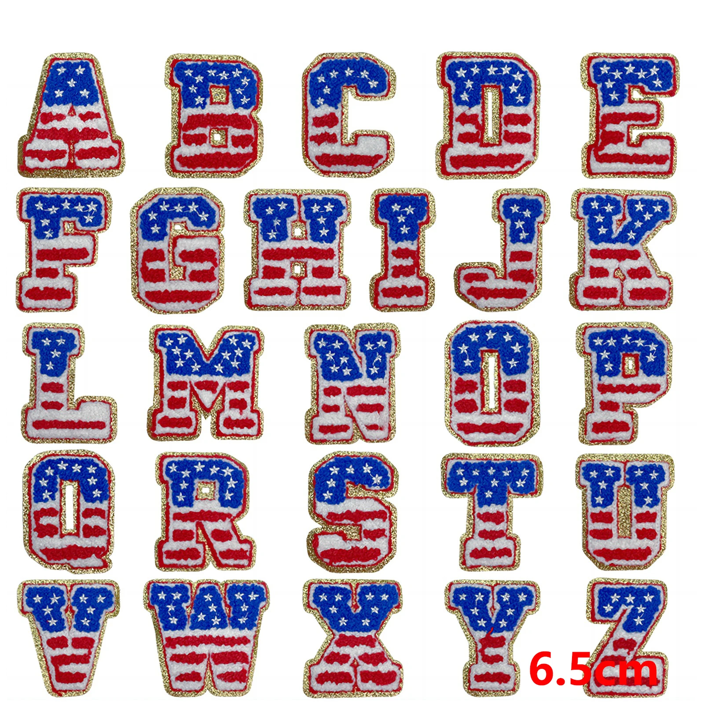 Alphabet letters with American flag design on a white background