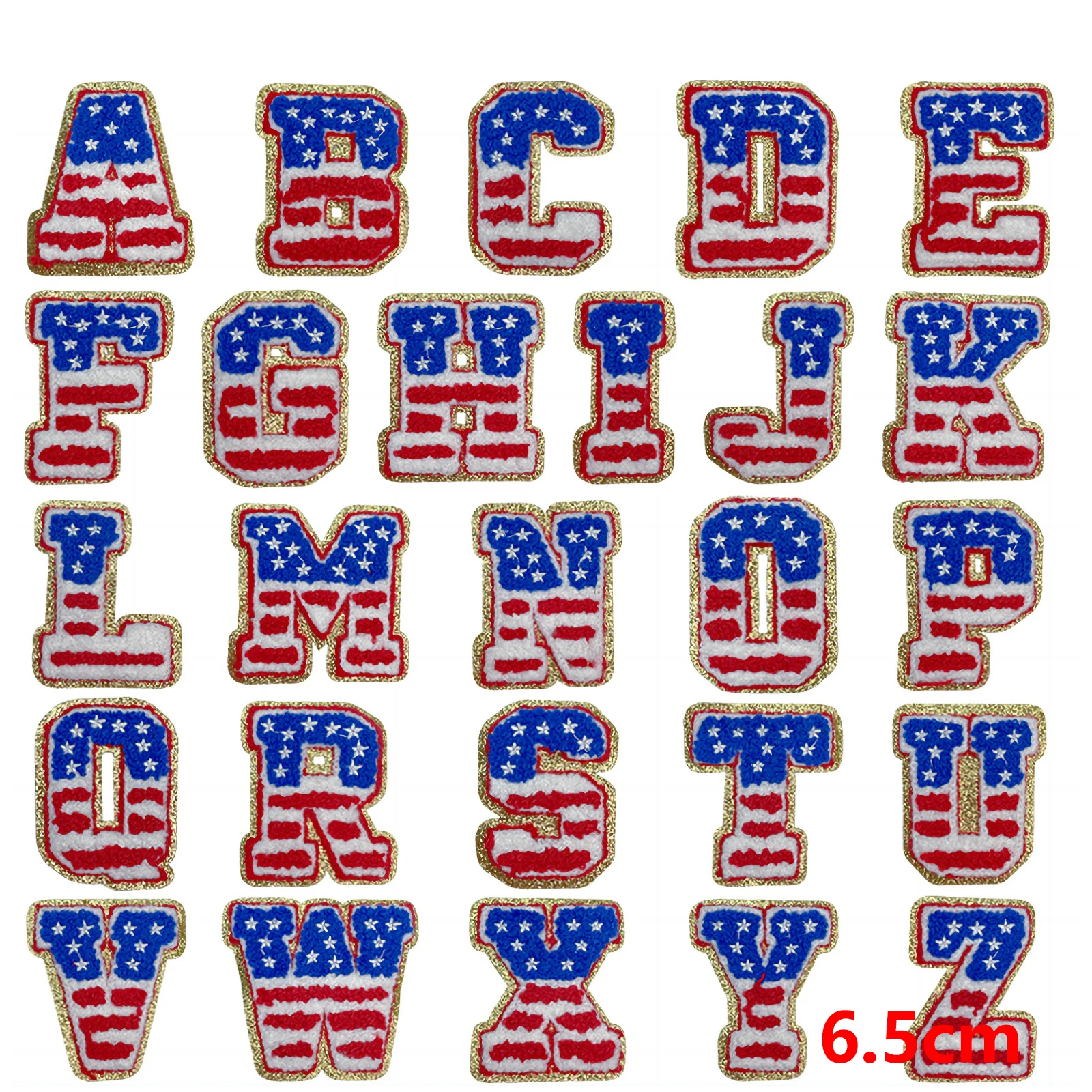 Alphabet letters with American flag design on a white background