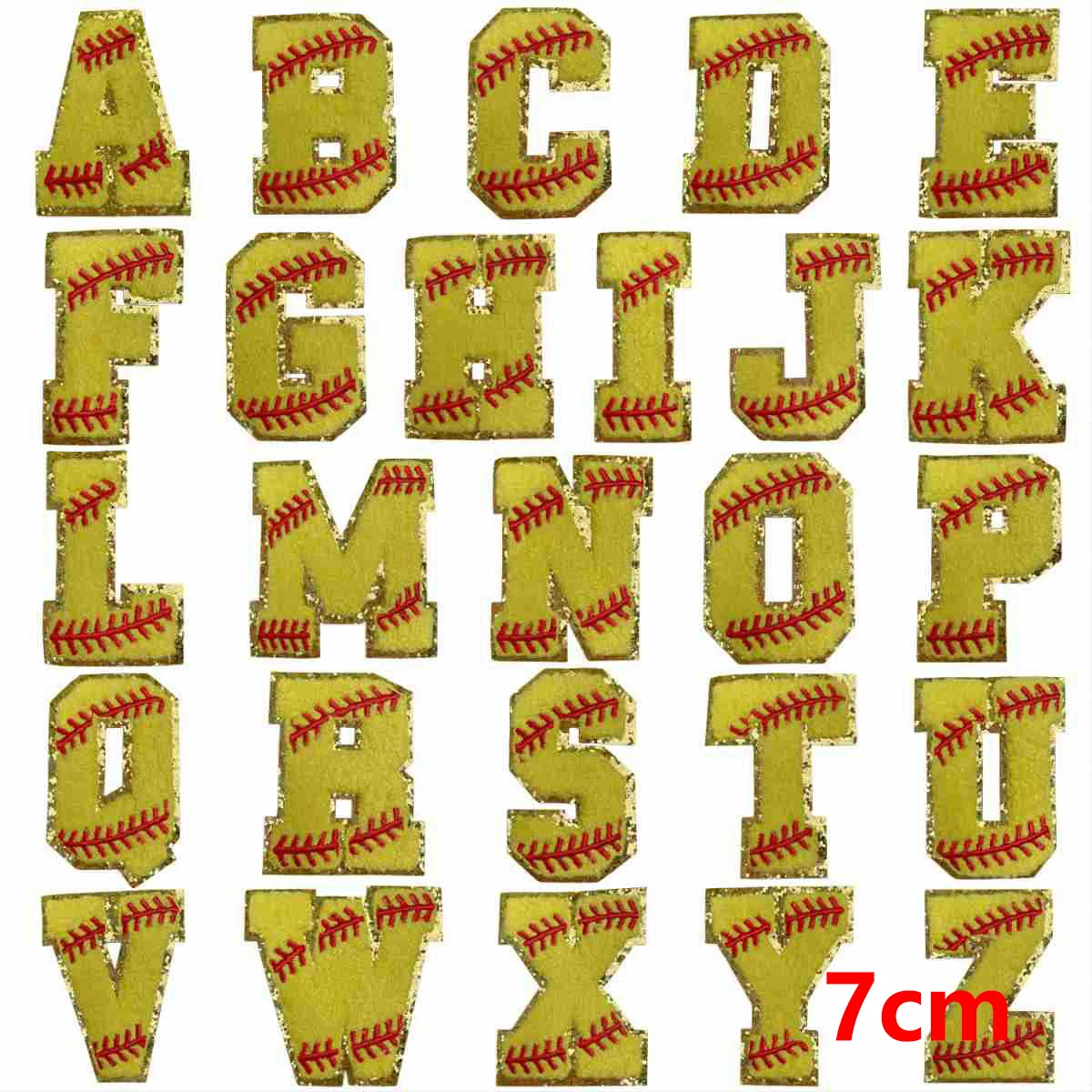 Alphabet letters with a baseball pattern, size 7cm, on a white background