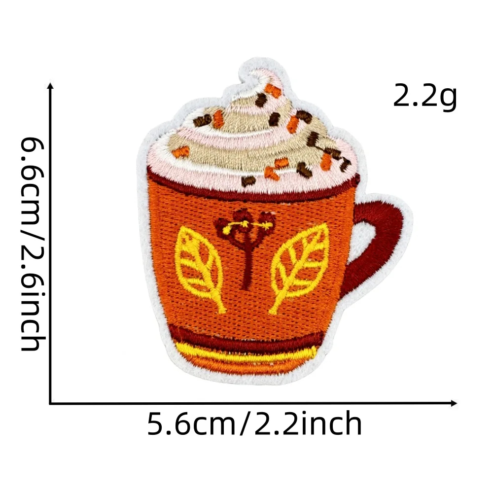 Hot chocolate cup patch with measurements and weight on a white background