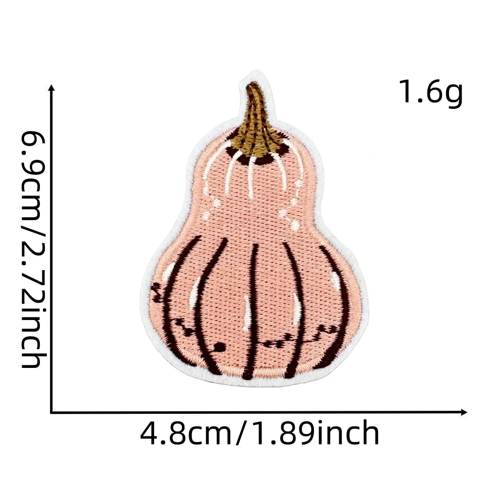Embroidered patch of a gourd with measurements and weight on a white background