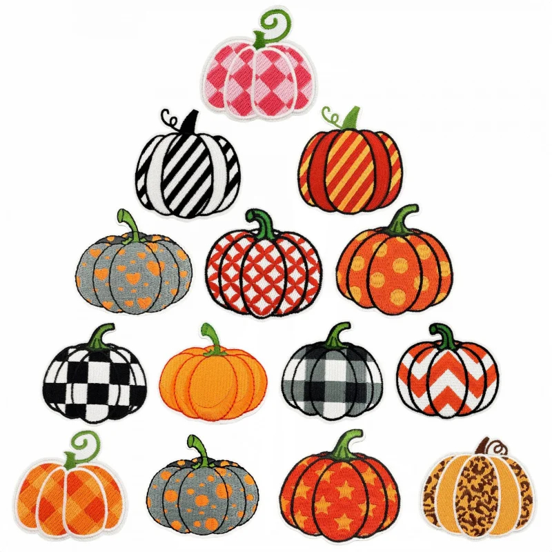 Collection of colourful pumpkin iron-on patches with various patterns on a white background