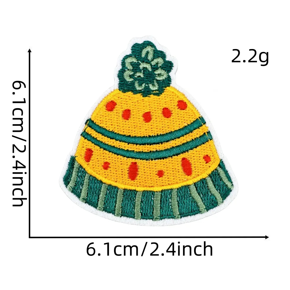 Colorful knitted hat patch with measurements and weight on a white background