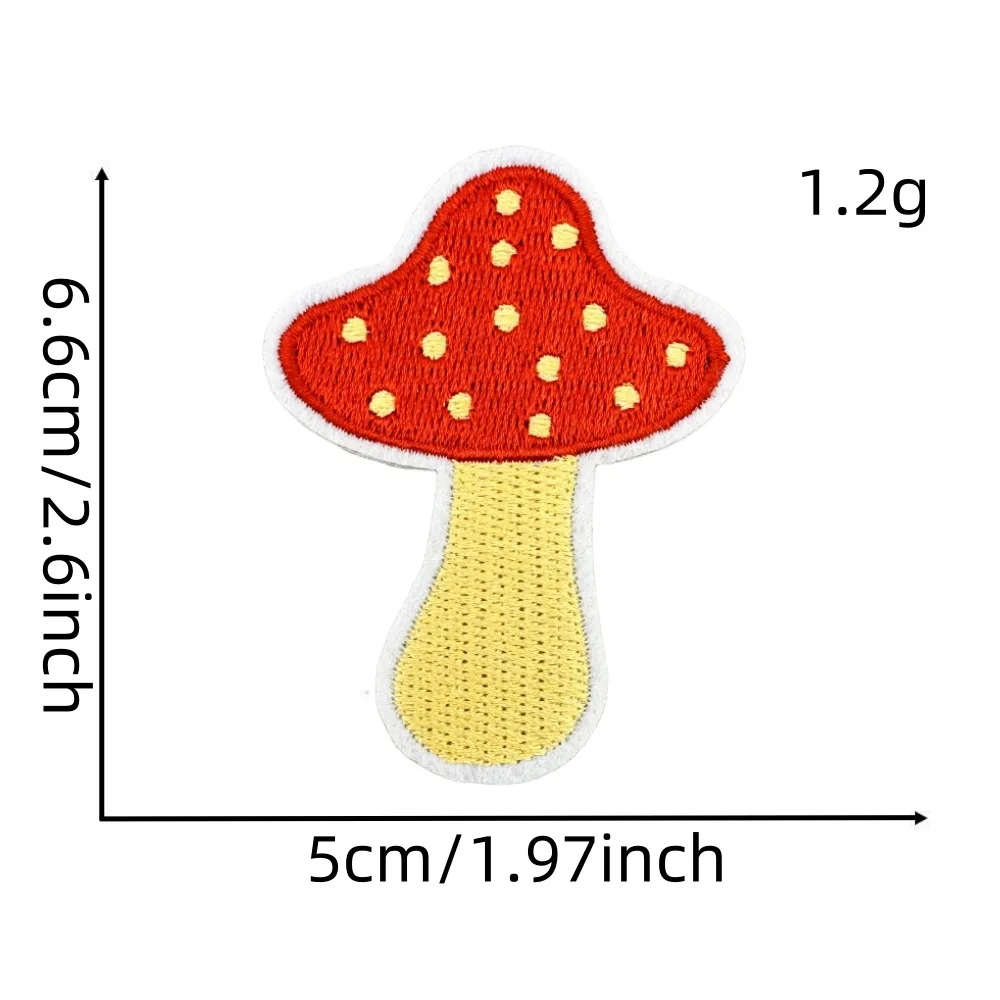 Mushroom-shaped patch with red cap and yellow stem, labeled with dimensions and weight.