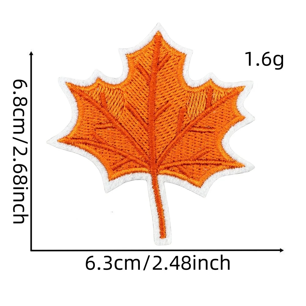 Orange maple leaf patch with measurements on a white background