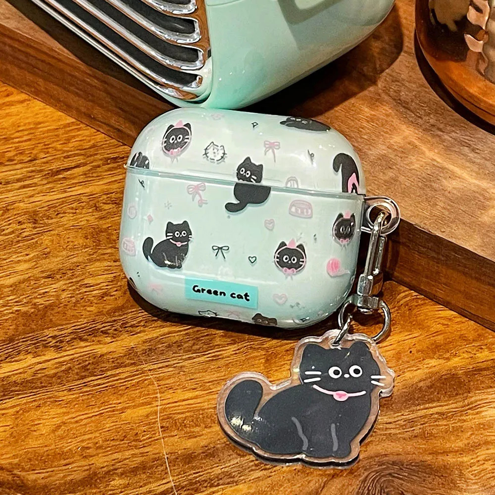 Green Cat AirPods Charger Case Cover with Cat Charm