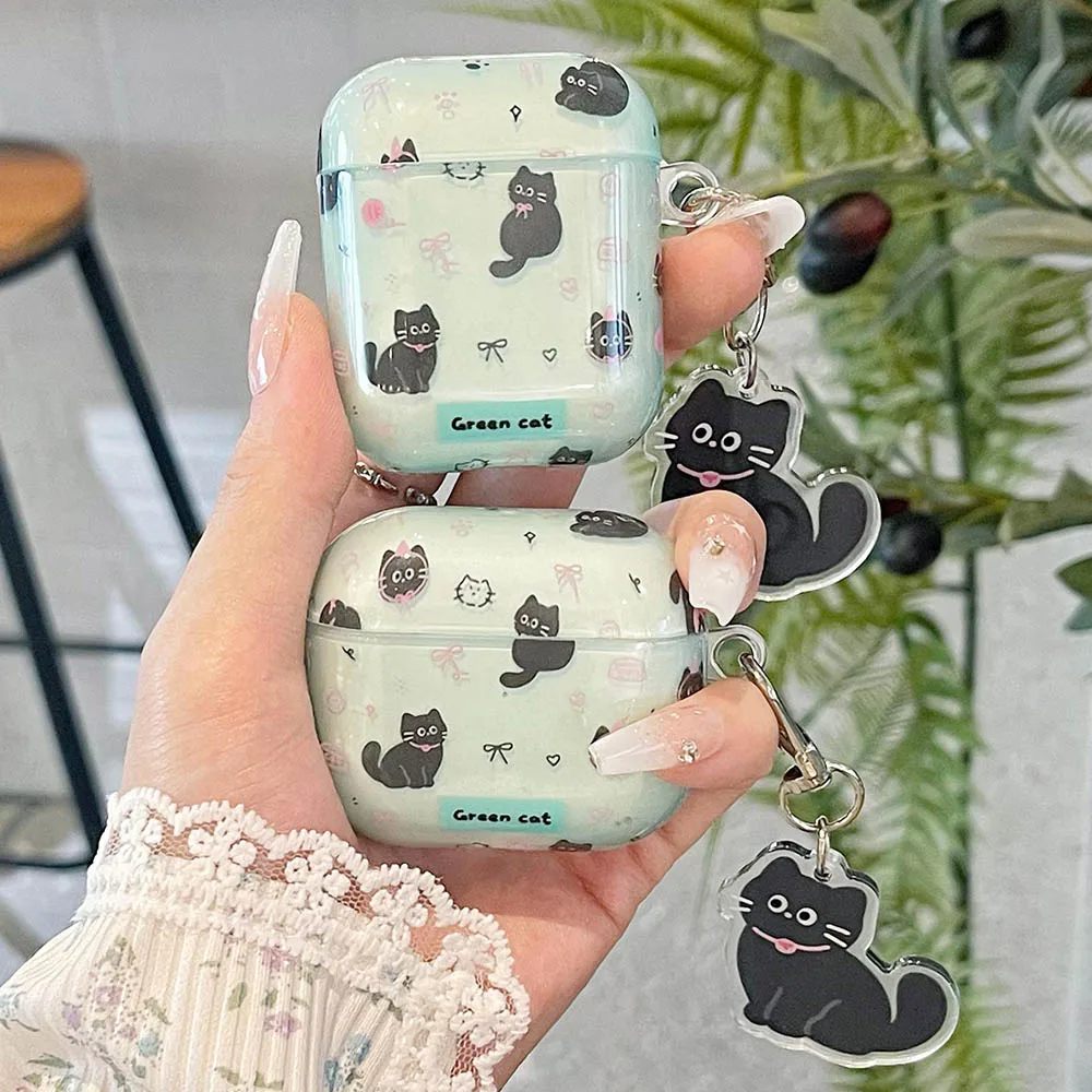 Green Cat AirPods Charger Case Cover with Cat Charm