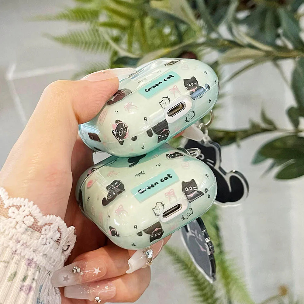 Green Cat AirPods Charger Case Cover with Cat Charm