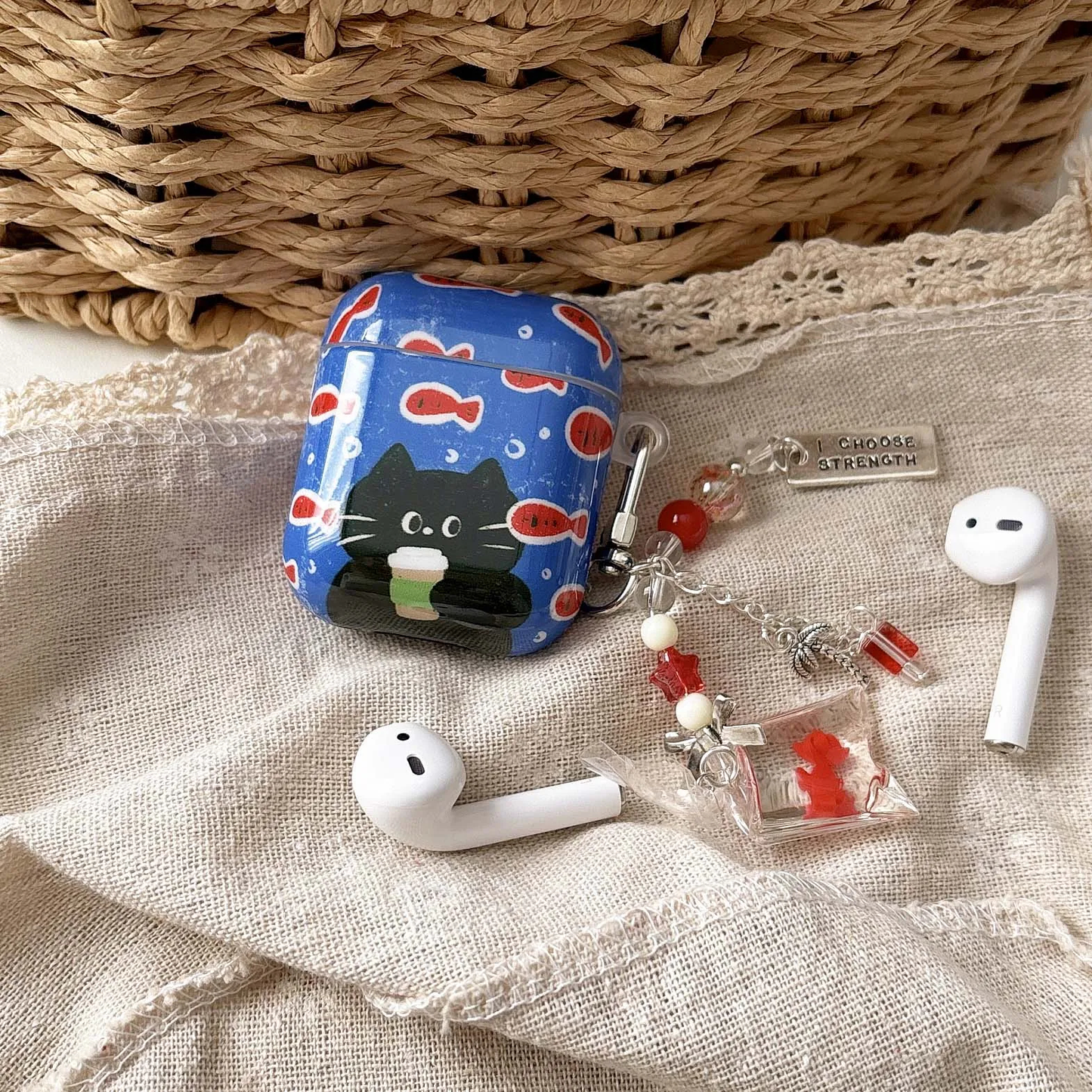 Goldfish Cat AirPods Charger Case Cover with Charm Strap