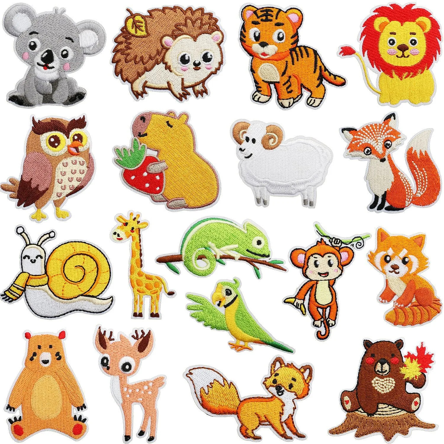 Collection of colorful animal patches on a white background