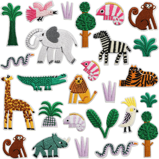 Collection of colorful animal and plant patches on a white background