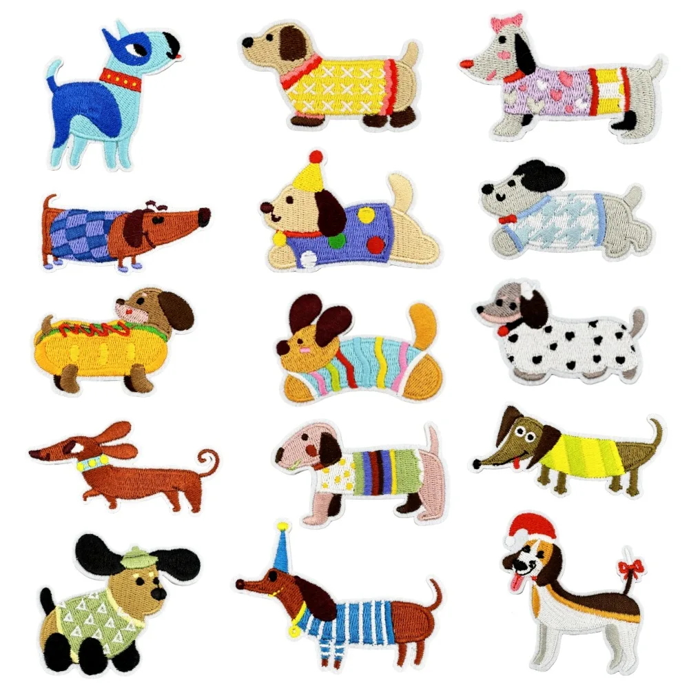 Collection of embroidered dog patches with various designs and colors on a white background