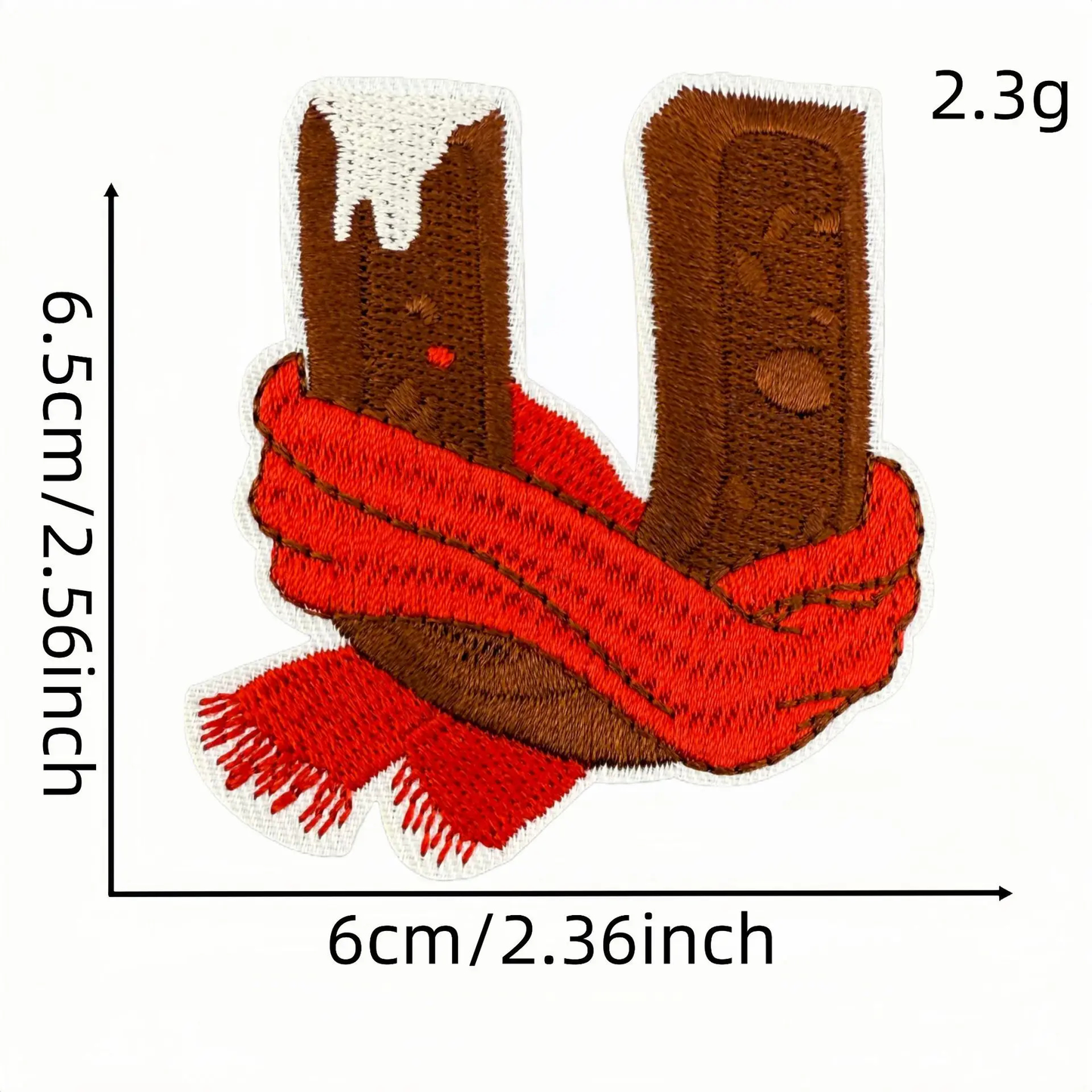 Embroidered patch of two brown sticks with a red scarf, showing measurements and weight.