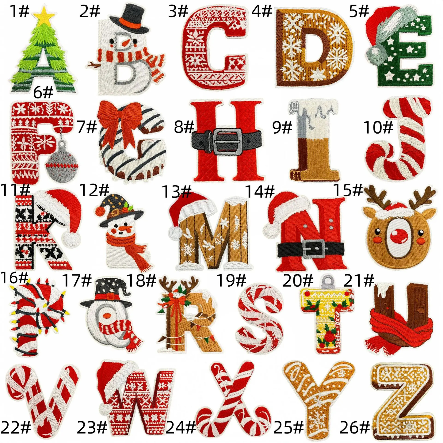 Christmas Themed A to Z Initial Embroidered Iron-On Patch