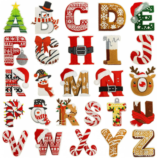 Christmas-themed alphabet letter iron on patches with decorative elements on a white background