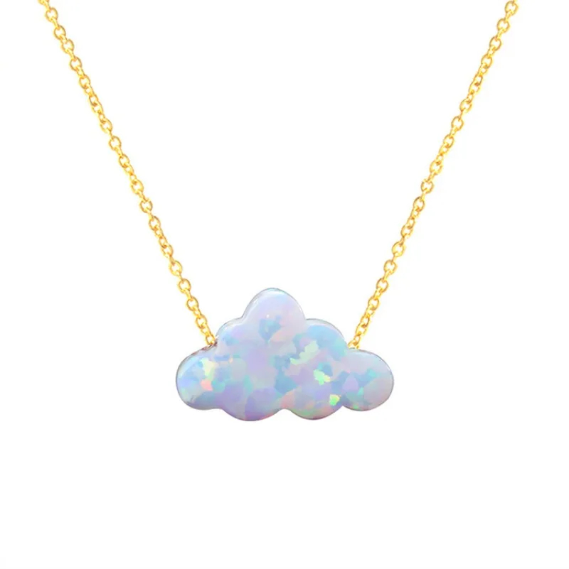 Opal cloud-shaped pendant on a gold chain against a white background