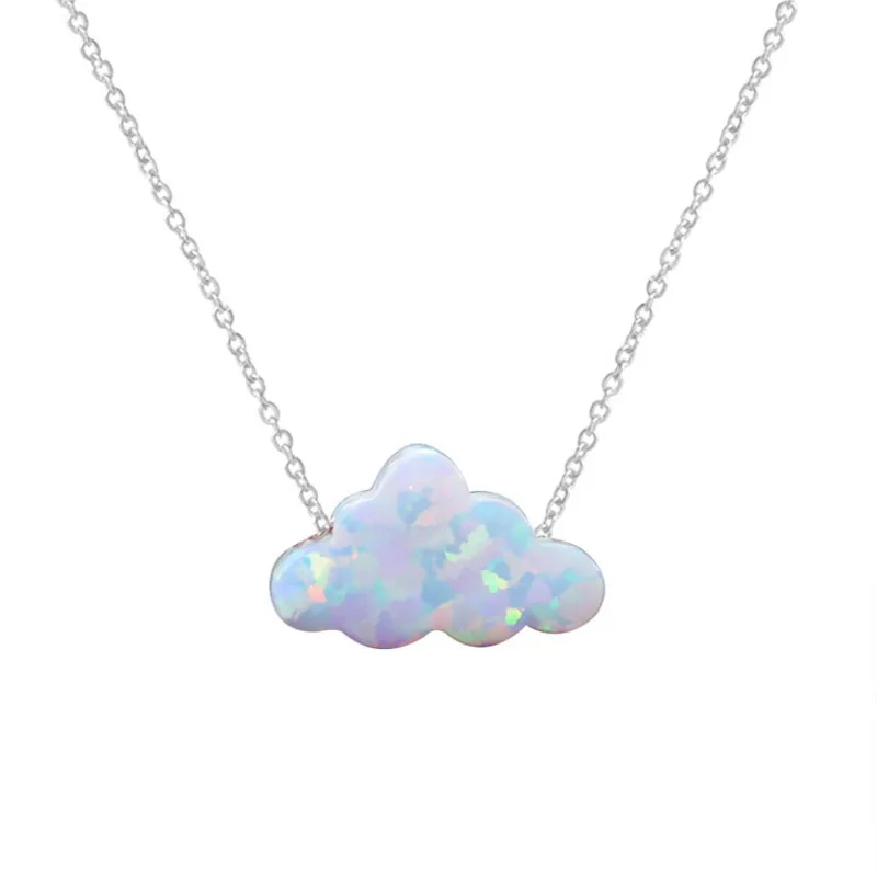 Opal cloud-shaped pendant on a silver chain against a white background