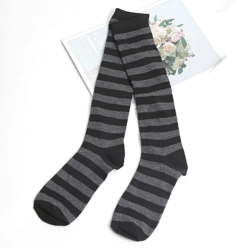 Pair of black and gray striped knee-high socks on a white background