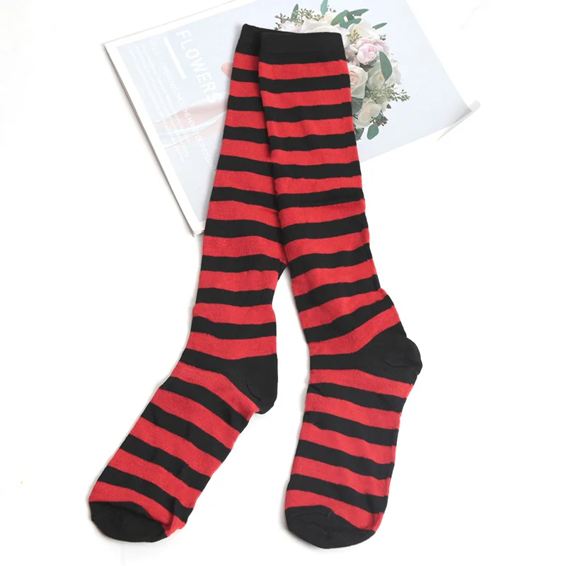 Red and black striped socks on a white background