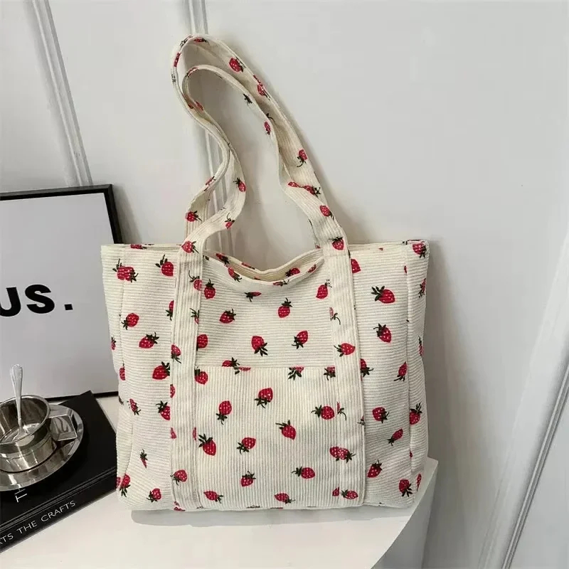 Corduroy Strawberry Pattern Shoulder Bag
