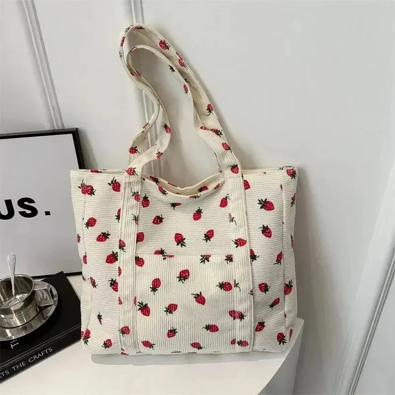 Corduroy Strawberry Pattern Shoulder Bag