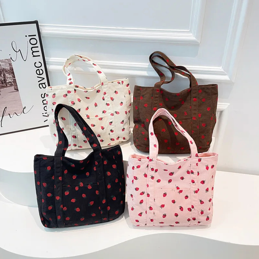 Corduroy Strawberry Pattern Shoulder Bag