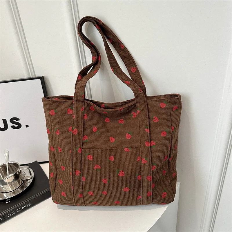 Corduroy Strawberry Pattern Shoulder Bag