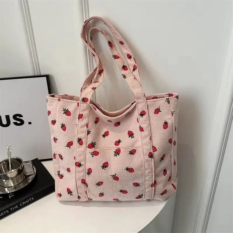 Corduroy Strawberry Pattern Shoulder Bag