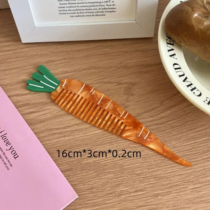Carrot-shaped comb on a wooden surface with text overlay