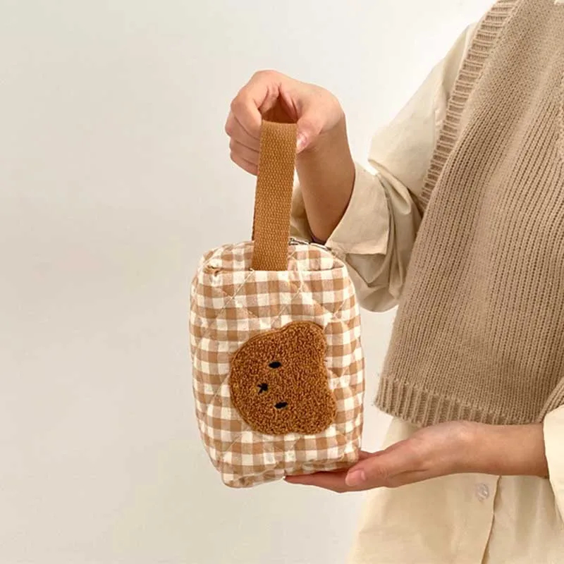Gingham Teddy Bear Face Zipper Pouch
