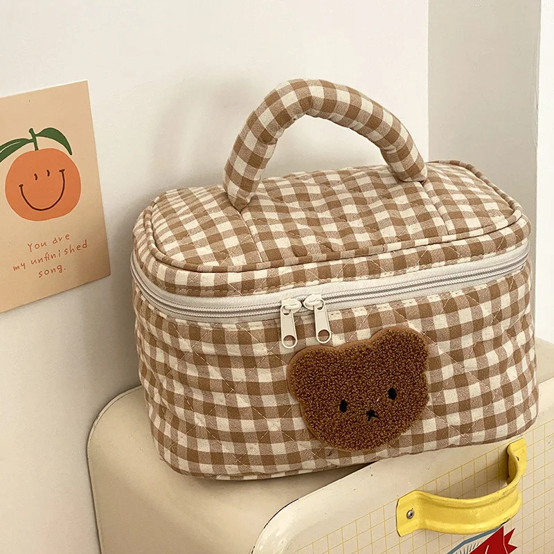 Gingham Teddy Bear Face Zipper Pouch