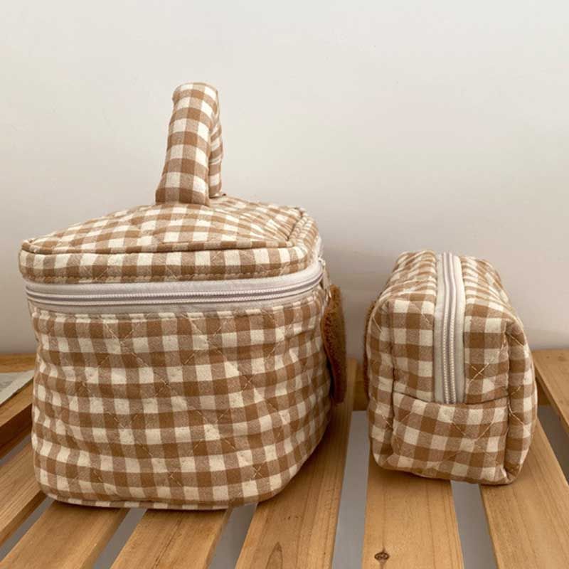 Gingham Teddy Bear Face Zipper Pouch