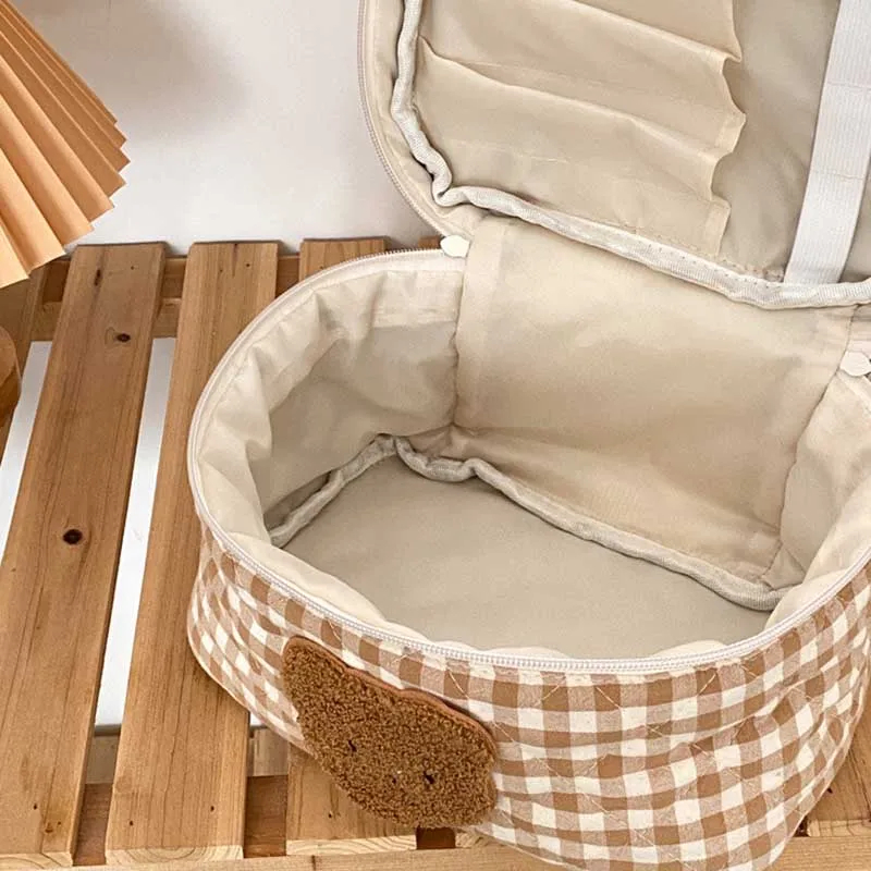 Gingham Teddy Bear Face Zipper Pouch