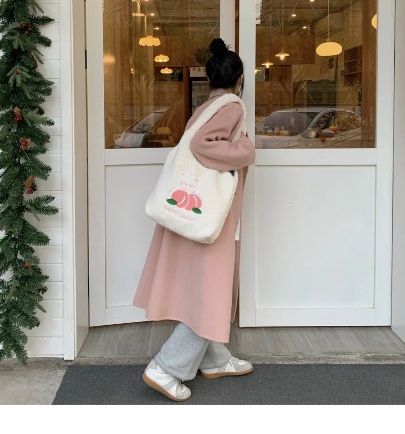Teddy Fur Character Embroidery Tote Bag